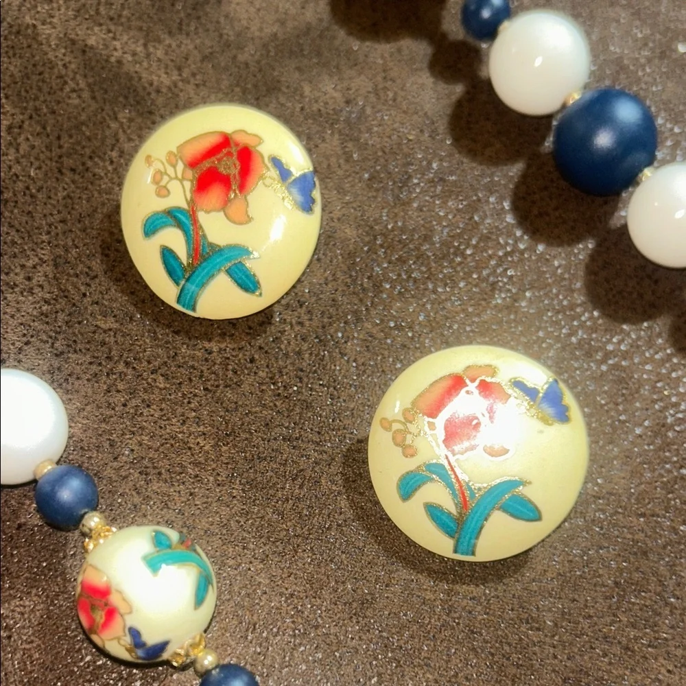 Folk Art-Cloisonne Vintage Beaded Painted Japan Necklace & Earring Set
